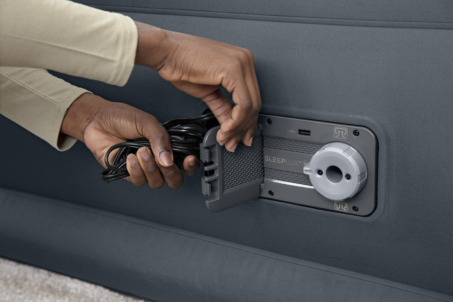 SleepLux Queen Air Mattress | Supersoft Snugable Top, Extra Durable Tough Guard with Built-in Pillow | Raised 22" Airbed with Built in Pump + USB Charger, Grey (69093E)