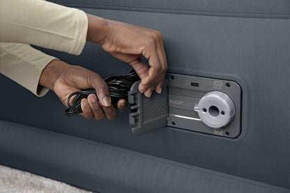 SleepLux Queen Air Mattress | Supersoft Snugable Top, Extra Durable Tough Guard with Built-in Pillow | Raised 22" Airbed with Built in Pump + USB Charger, Grey (69093E)