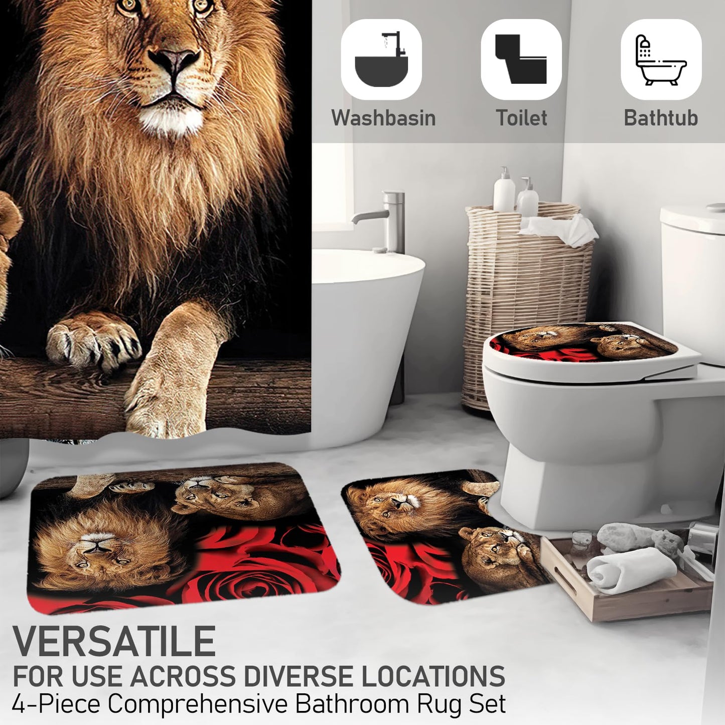 Neween 4PCS Lion Shower Curtain Set with Non-Slip Rugs, Toilet Lid Cover and Bath Mat, Shower Curtain Polyester Cloth Bath Curtain Set with 12 Hooks, Waterproof Washable Bathroom Decor Set (Lion)