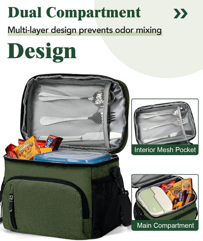 Skiennix Insulated Lunch Bag - 9L Leakproof Soft Cooler Tote with 5 Pockets | Adjustable Strap - Green