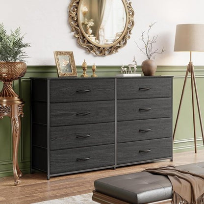 Furnulem Wide Dresser - 8 Fabric Drawers & Wood Top | TV Entertainment Center for 55'' TV (Black Oak)