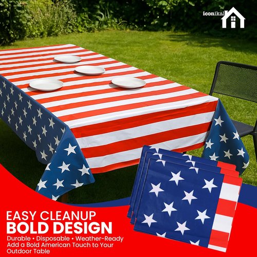 Iconikal American Flag Tablecloth - 3 Pack Disposable Covers, 54 x 108-Inch for July 4th Celebrations