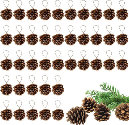 Natural Mini Pine Cones Christmas Ornaments - 40 Pcs Rustic Hanging Decorations for Tree, Table, and Wreath