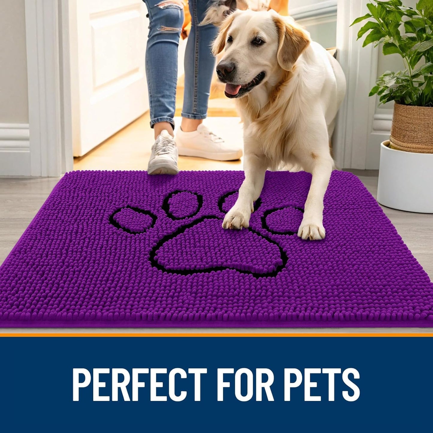OLANLY Dog Door Mat - Absorbent Non-Slip Mud Mat for Paws | 48x30 Inches, Quick Dry Chenille, Purple