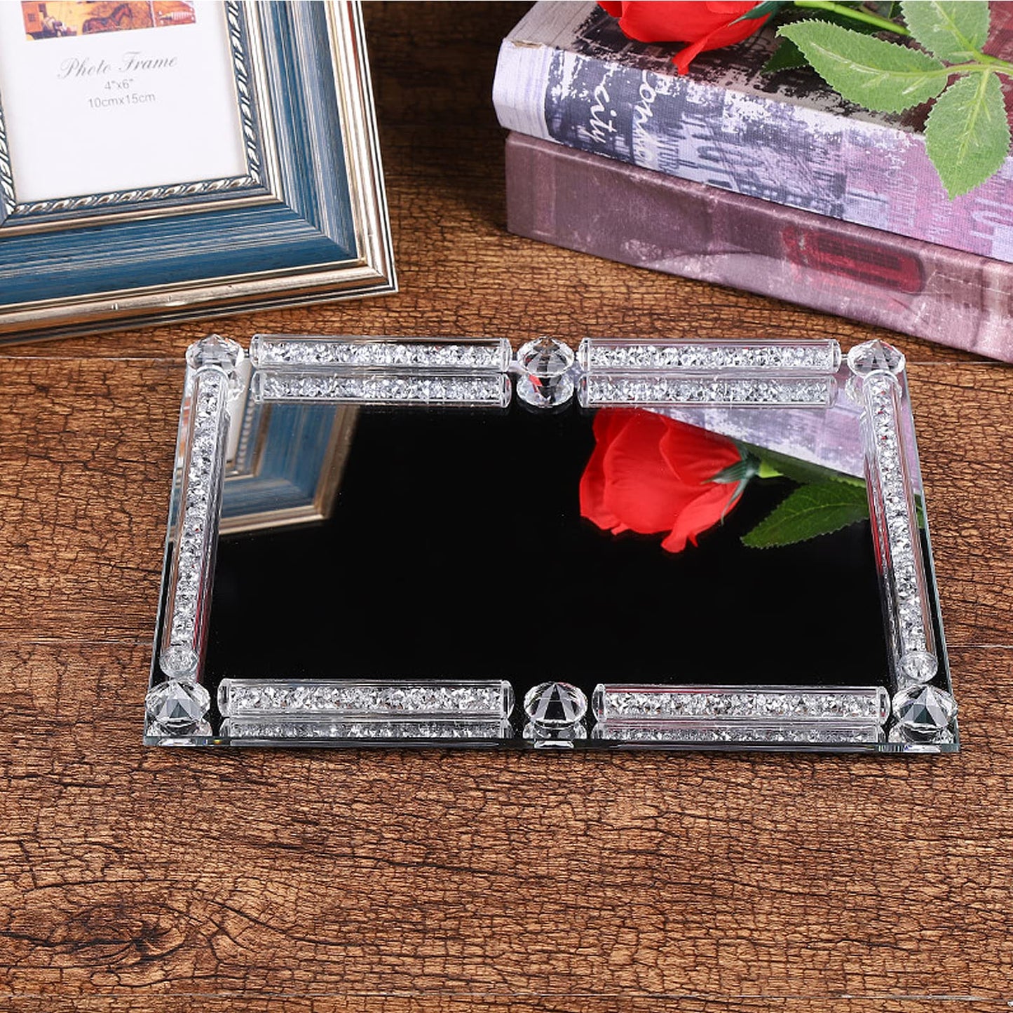 Mirror Crystal Perfume Tray,Crushed Diamond Filled Crystal Glass Vanity Tray,Jewelry Trinket Holder,Decorative Tray for Home,Party,Hotel Banquet