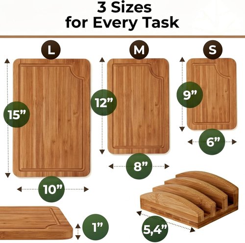 Bamboo Wood Cutting Board Set by Skiennix - Sturdy & Easy to Clean | 3 Sizes with Juice Grooves for Kitchen Use