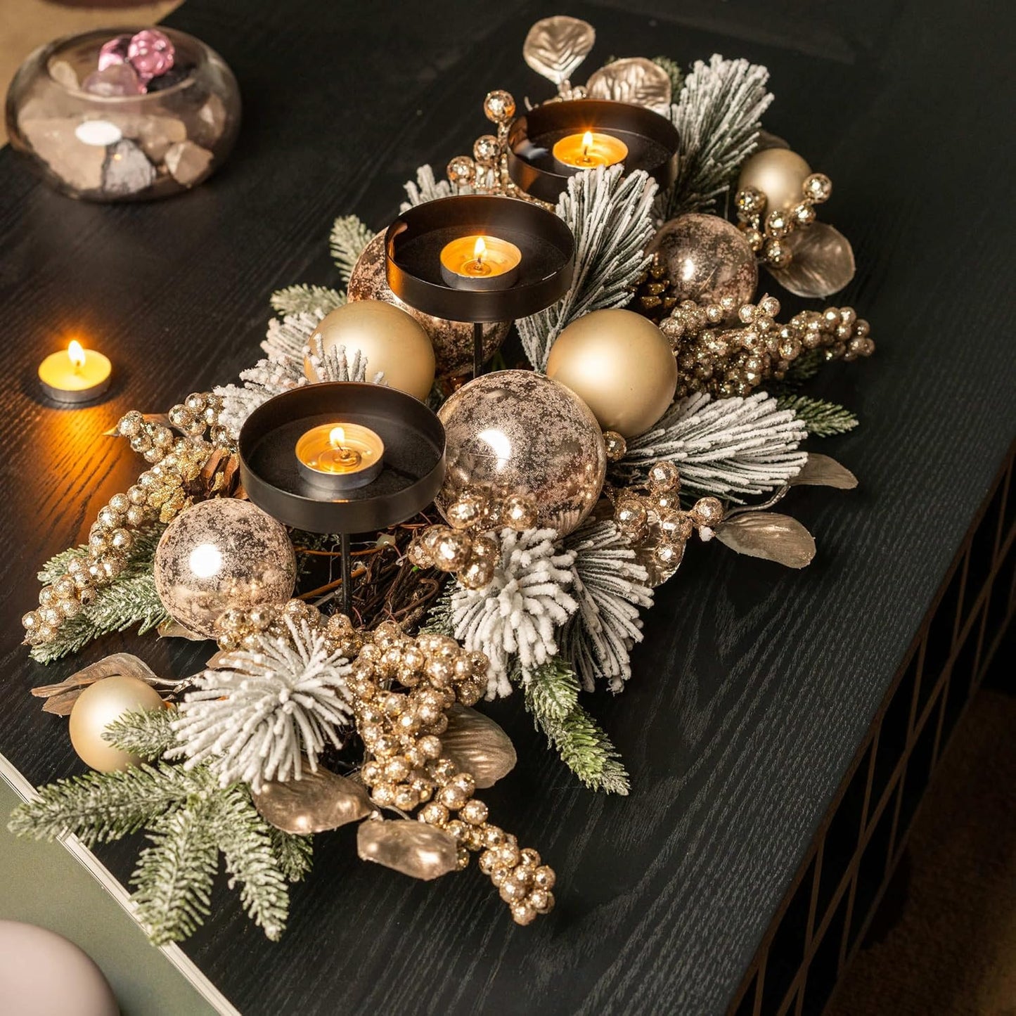 YULETIME 28" Christmas Triple Candelabrum - Elegant Holiday Candle Holder with Gold Baubles & Snowy Pine Needles