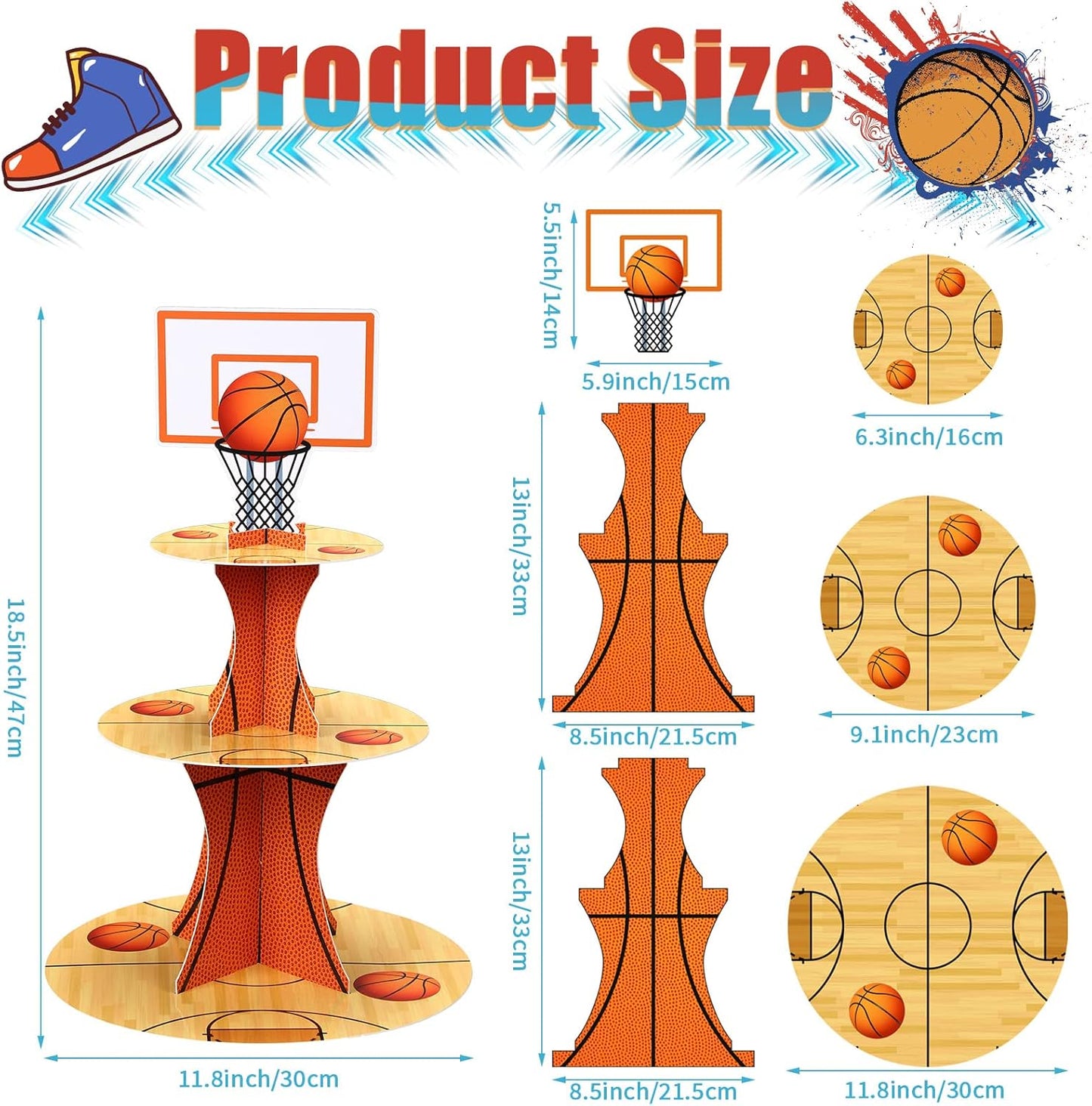 Nuenen Basketball Cupcake Stand - 3 Tier Sports Party Display for Birthday Celebrations
