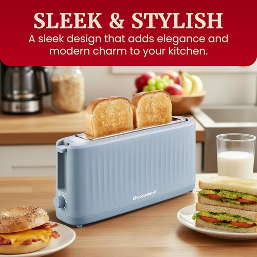 Elite Gourmet SLIMTOAST™ 2-Slice Long Slot Toaster - Cool-Touch Body, 6 Settings, Ocean Blue