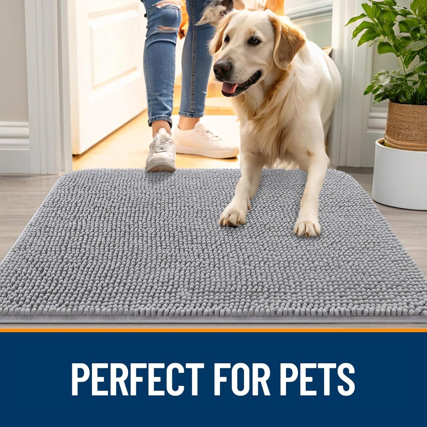 OLANLY Dog Door Mat - Absorbent Non-Slip Washable Chenille Mat for Muddy Paws | 40x24 Light Grey