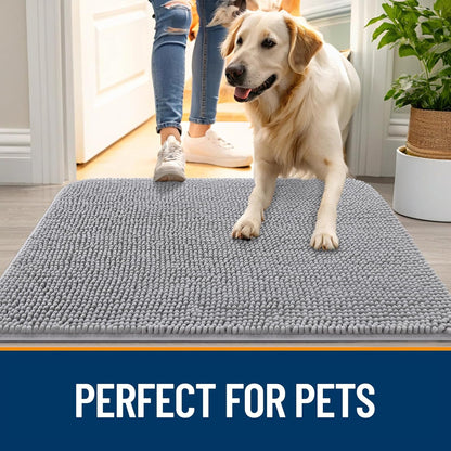 OLANLY Dog Door Mat - Absorbent Non-Slip Washable Chenille Mat for Muddy Paws | 40x24 Light Grey
