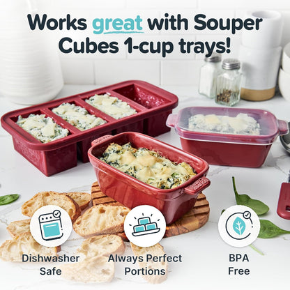 Souper Cubes Stoneware - Small 5" x 3" Ceramic Baking Dish Set with Silicone Covers | Perfect for Single Serve Portions - Cranberry