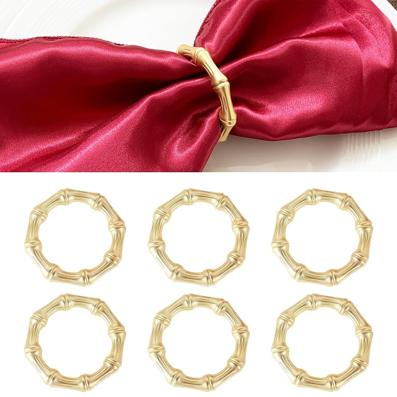Gold Napkin Rings Set of 6 – Bamboo Style Metal Napkin Ring, Light Gold, 1.35in Inner Size (Variation: 6)