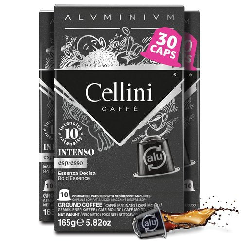 Cellini Caffè Intenso Dark Roast Coffee Capsules - 30 Count Aluminum Nespresso Pods | Extra Strong & 100% Compatible