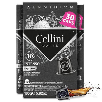 Cellini Caffè Intenso Dark Roast Coffee Capsules - 30 Count Aluminum Nespresso Pods | Extra Strong & 100% Compatible