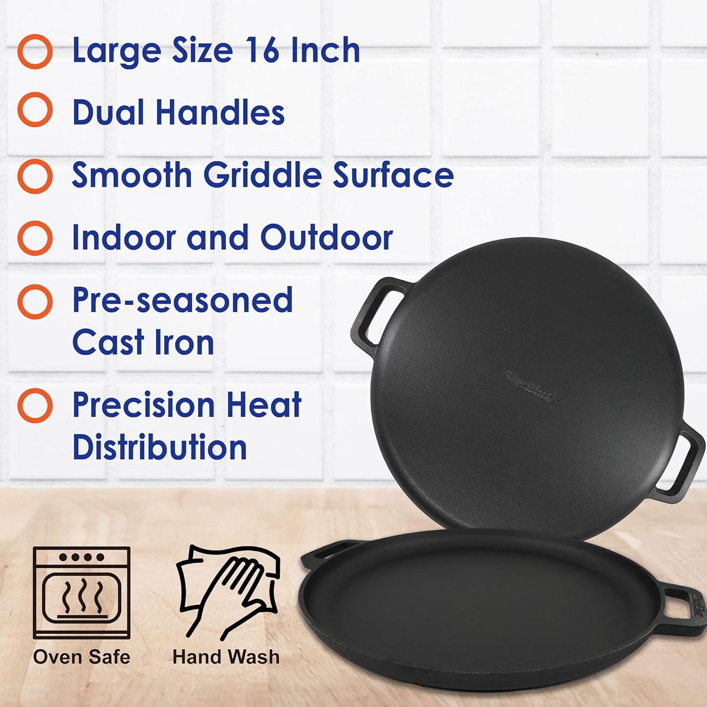 StarBlue 16-Inch Cast Iron Pizza Pan - Pre-Seasoned Griddle with Free Silicone Handles & Recipe Ebook | Ideal for Baking & BBQ