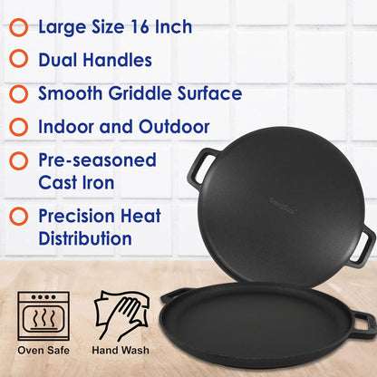 StarBlue 16-Inch Cast Iron Pizza Pan - Pre-Seasoned Griddle with Free Silicone Handles & Recipe Ebook | Ideal for Baking & BBQ
