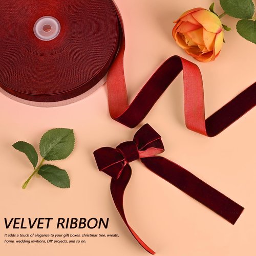 BokingOne Wine Red Velvet Ribbon - 1 Inch x 30 Yards, Burgundy Nylon Velvet Ribbon for Gift Wrapping, Wedding, Party Decorations