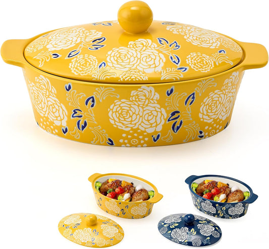 Skiennix Ceramic Casserole Dish With Lid - Versatile Oval Baking Pan for Lasagna & Bread - Yellow