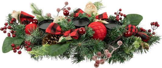 Northlight Pine Triple Candle Holder - Festive Bows & Plaid Ornaments | 30" Green Design