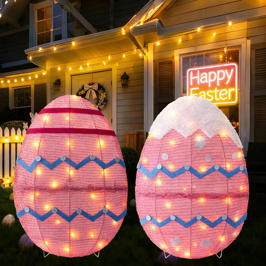 Skiennix Outdoor Easter Decorations - Set of 2 Lighted Metal Eggs | 34 Inch LED Lights for Lawn & Garden