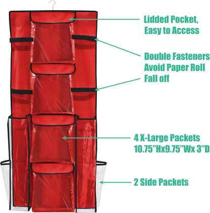 Simple Houseware Double-Sided Gift Wrap Organizer - Red Storage Pockets (Set of 1)