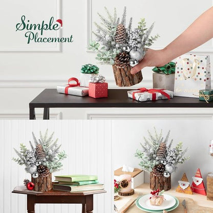 Hatisan Small Christmas Tree - Artificial Pine Cone & Berry Decor | Tabletop Holiday Decoration (Silver-Round)
