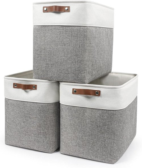 Bagnizer Large Fabric Storage Baskets - 50L Decorative Linen Bins with Handles for Home & Office | 17x12x15 Inches (Grey & White)