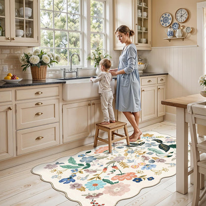 Skiennix Washable 3x5 Area Rug - Ultra Soft Floral Carpet for Kitchen & Nursery | Anti-Slip Elegance in Cream