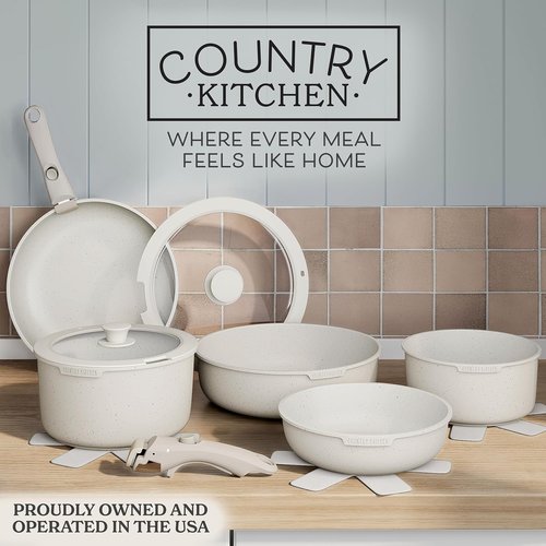 Country Kitchen Cookware Set - Removable Handle, Oven & RV Safe Pots and Pans, Cream Finish