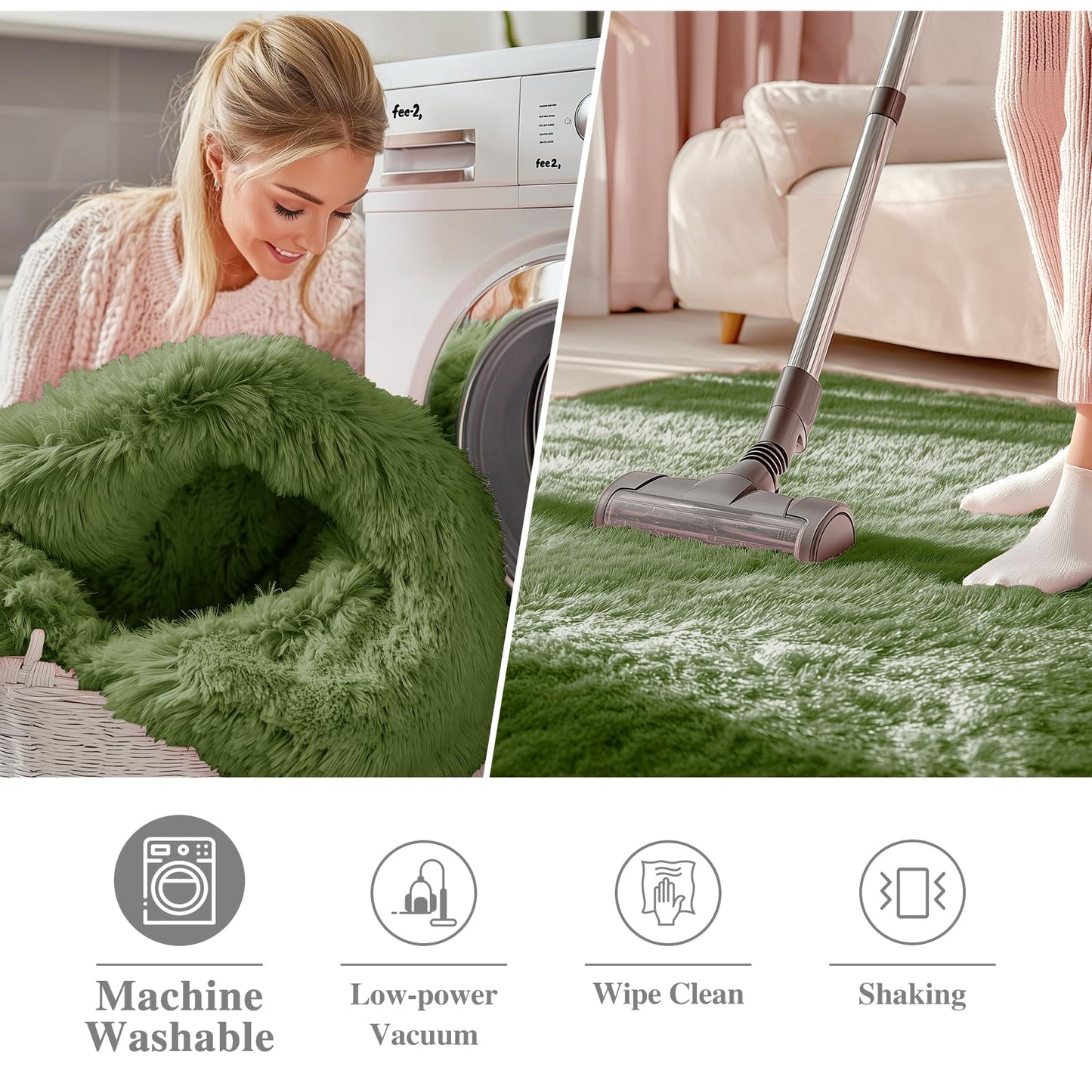 OLANLY Green Round Rugs for Bedroom - Machine Washable, 2 ft Circle Area Rugs for Living Room, Soft and Fluffy Shaggy Carpet for Teen Girl and Boys, Nursery Rooms, Dorms, Home Decor Aesthetic