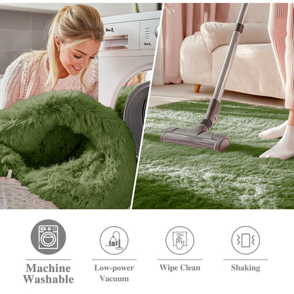OLANLY Green Round Rugs for Bedroom - Machine Washable, 2 ft Circle Area Rugs for Living Room, Soft and Fluffy Shaggy Carpet for Teen Girl and Boys, Nursery Rooms, Dorms, Home Decor Aesthetic