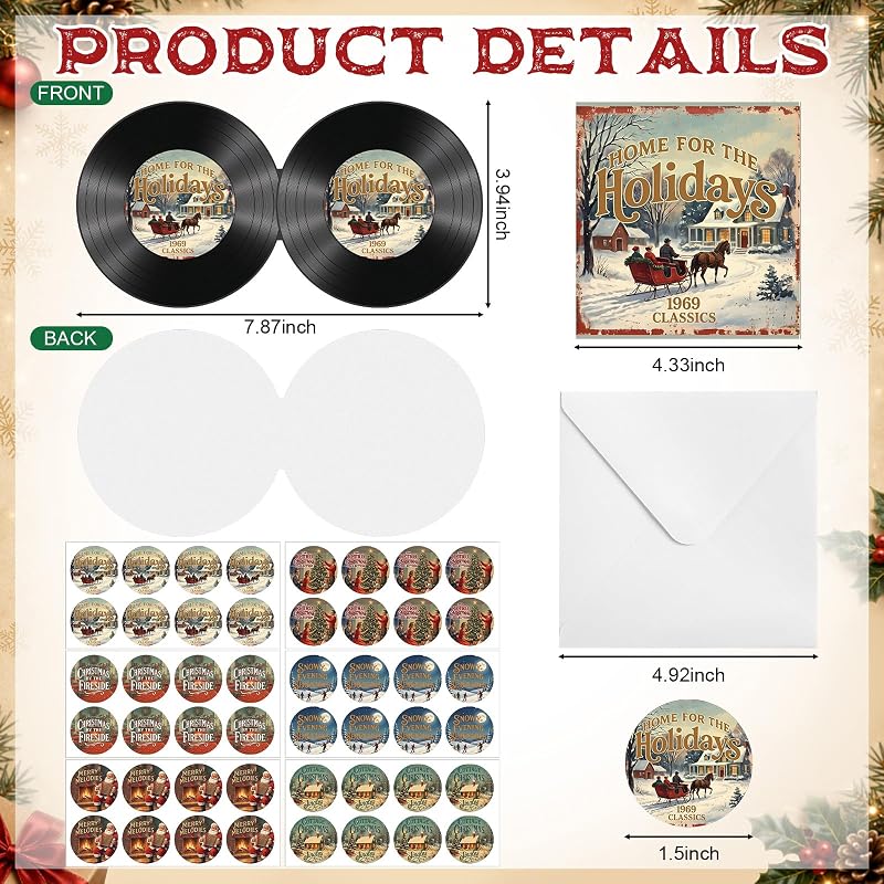 Vinyl Record Christmas Cards Set - 48 Blank Greeting Cards with Envelopes
