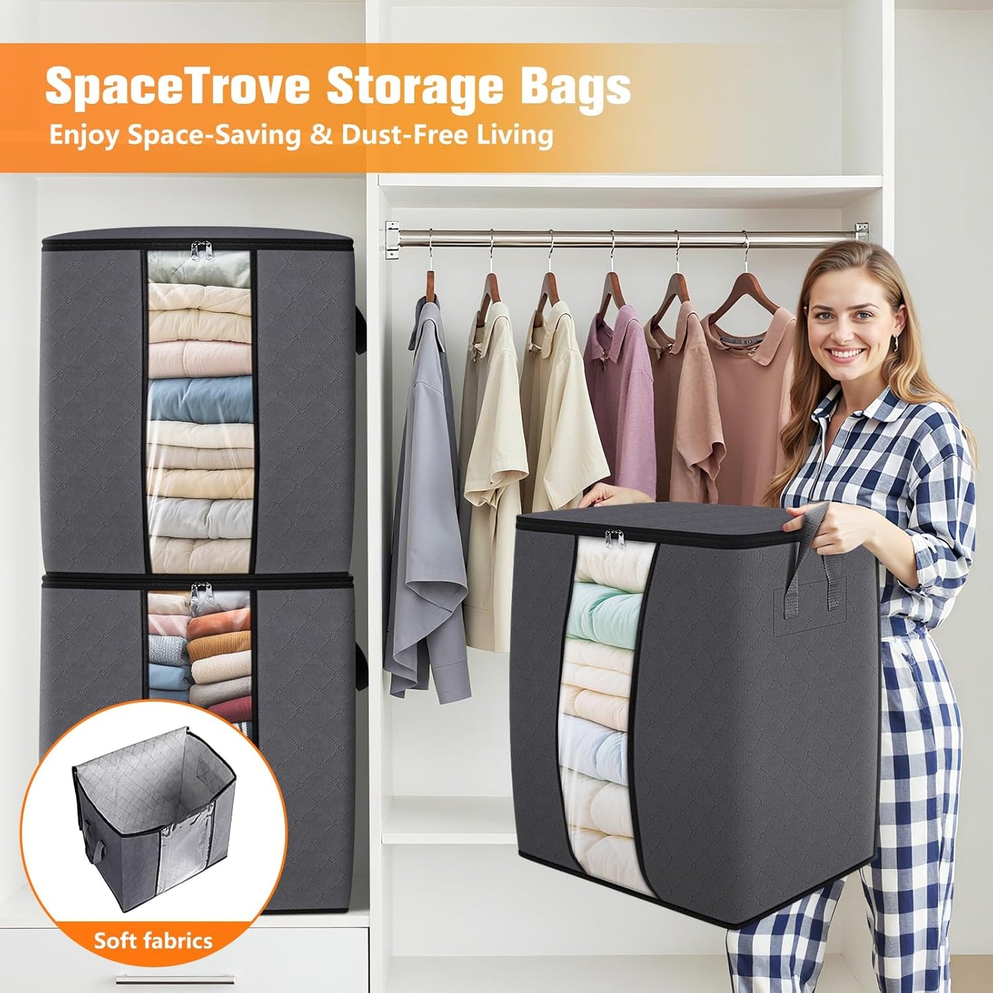 SpaceTrove Clothes Storage Bags - 80L Large Capacity Organizers with Visual Window | 6-Pack Grey Bedding Solutions