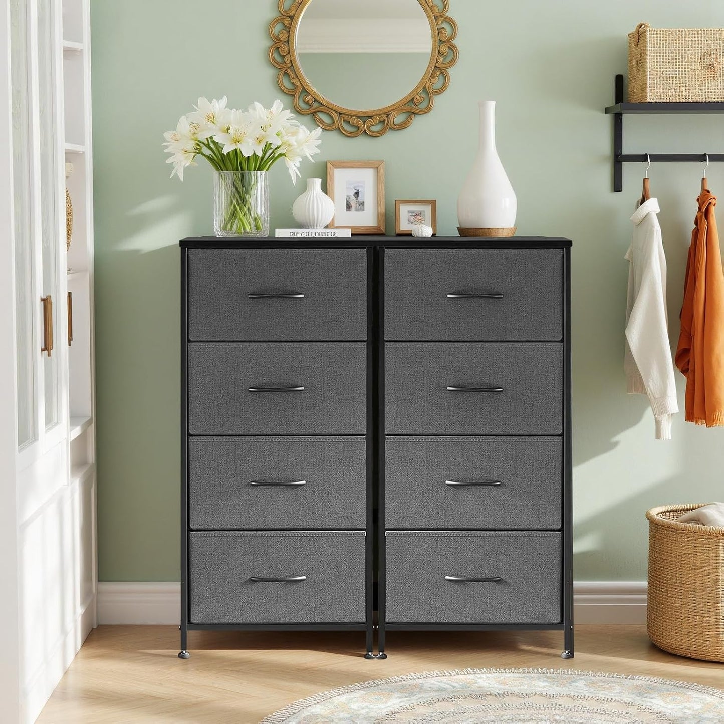 Regine Switzerland 4-Drawer Nightstand - Stylish Gray Bedside Table with Wooden Top & Fabric Bins