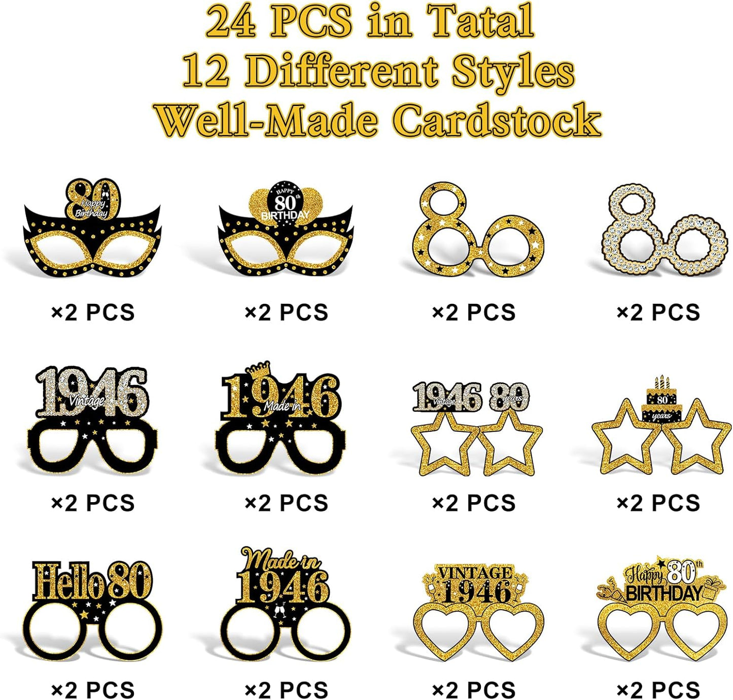 Turypaty 24Pcs 80th Birthday Paper Glasses - Vintage Black Gold Photo Props for Men & Women