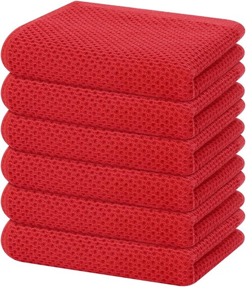 Homaxy Kitchen Dish Towels - Ultra Soft 100% Cotton Waffle Weave, Quick Drying, 13 x 28 Inches, 6-Pack, Red