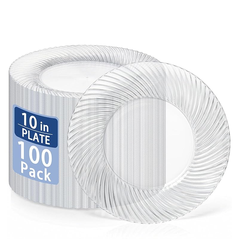 Clear 10-Inch Disposable Plates, 100 Pcs - Fancy Crystal Look, Food-Grade