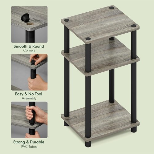 Furinno JUST Side Table - 3-Tier Nightstand with Open Shelves | Toolless Assembly in French Oak