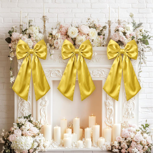Skiennix Large Gold Satin Bow Decorations - 3 Pcs 2 FT Hanging Wall Decor for Weddings & Parties