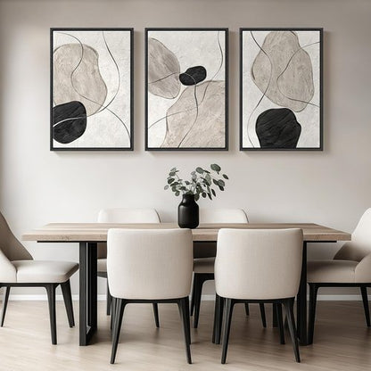 Framed Black and White Abstract Wall Art - Large 3 Piece Minimalist Canvas Set for Living Room | 24x36 In