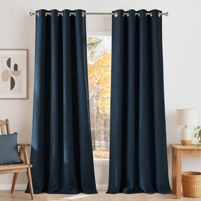 NICETOWN Faux Linen Navy Blue Blackout Curtains 84 inches Long for Living Room - Privacy Panels for Bedroom, Modern Farmhouse Style Easy Care Grommet Top, 2 Panels, W52 by L84
