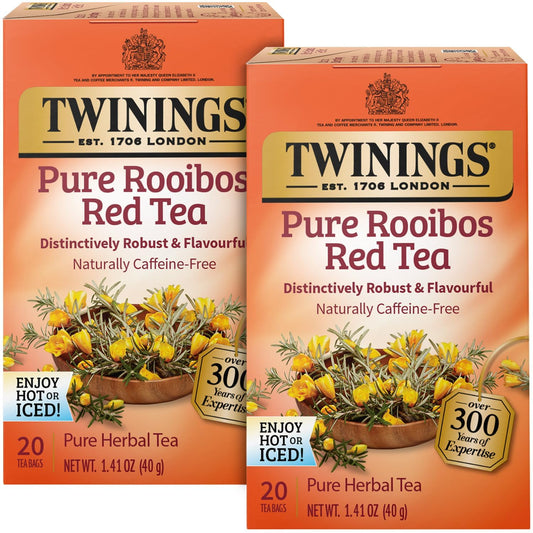 Twinings Rooibos Red Tea - Naturally Sweet & Tangy Herbal Tea Bags, Caffeine-Free, 20 Count (Pack of 2)