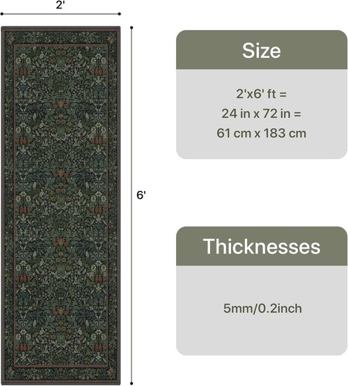 GENIMO 2x6 Runner Rug - Non-Slip Washable Vintage Boho Floral Carpet | Soft Low Pile for Hallway & Kitchen