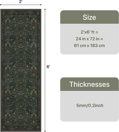 GENIMO 2x6 Runner Rug - Non-Slip Washable Vintage Boho Floral Carpet | Soft Low Pile for Hallway & Kitchen