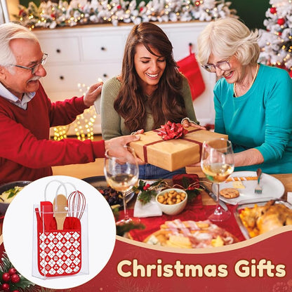 Christmas Pot Holders & Utensil Gift Set – 6 Potholders, 6 Spatulas, 6 Spoons, 6 Gift Bags, Vintage Knit Pattern (Red & Vintage)