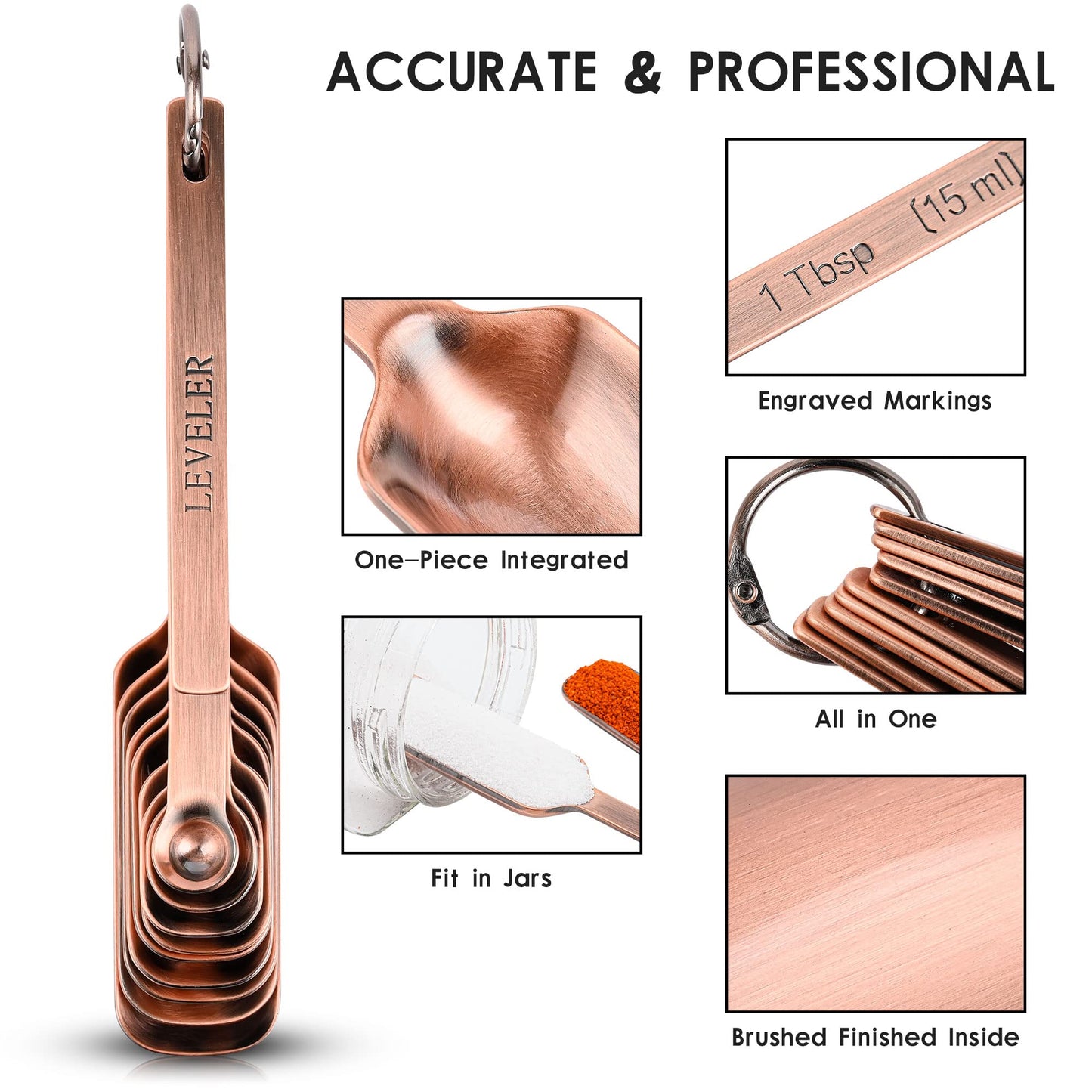 Viwehots Measuring Cups and Spoons Set, Copper Plated Measuring Cups Spoons, Stainless Steel 7 Measuring cups and 9 Measuring Spoons 1 Leveler for Baking and Kitchen, Metal Copper Measure Cups&Spoons