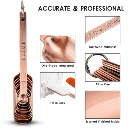 Viwehots Measuring Cups and Spoons Set, Copper Plated Measuring Cups Spoons, Stainless Steel 7 Measuring cups and 9 Measuring Spoons 1 Leveler for Baking and Kitchen, Metal Copper Measure Cups&Spoons
