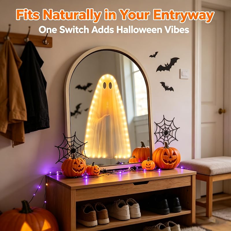 Light Up Ghost Arched Mirror - USB Powered Halloween Mantel Decor