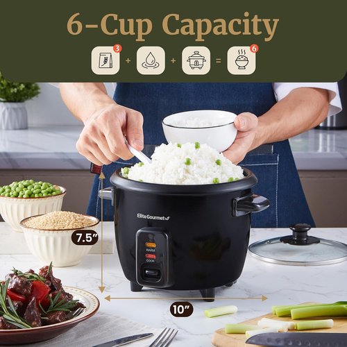 Elite Gourmet Electric Rice Cooker - Non-Stick Inner Pot & Steam Tray | 6 Cups Cooked, Black